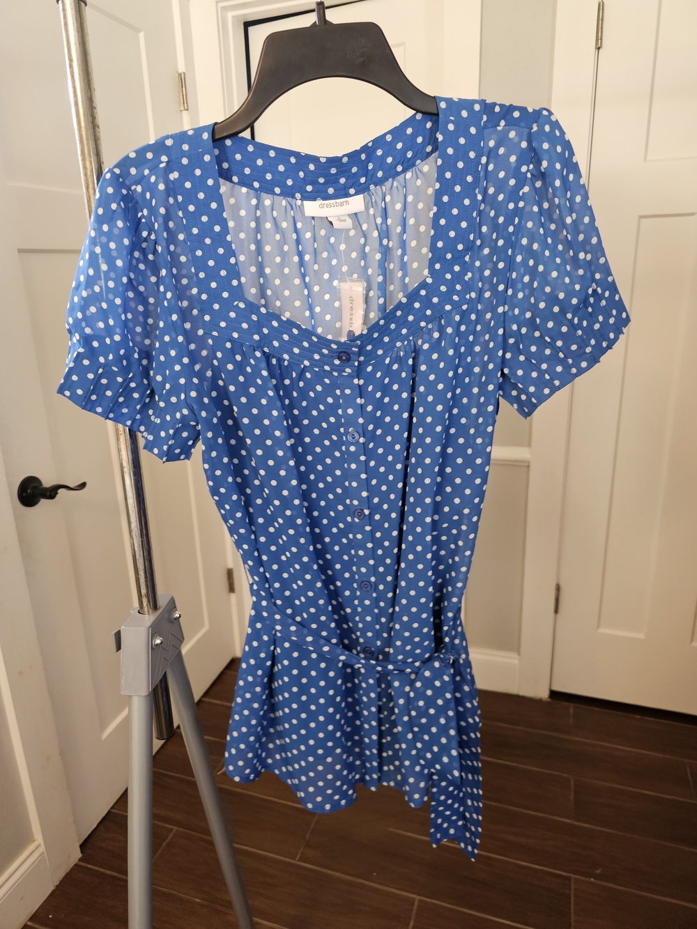 dressbarn Blue Polka Dot Peplum Button-Front Top